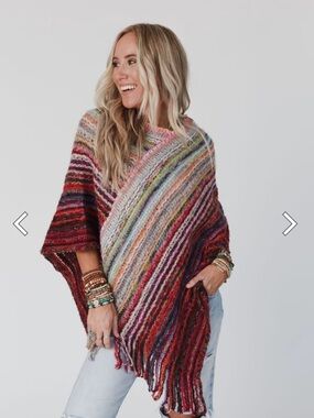 Striped Multicolor Fringe Knit Poncho “Madeleine Poncho” Three Bird Nest